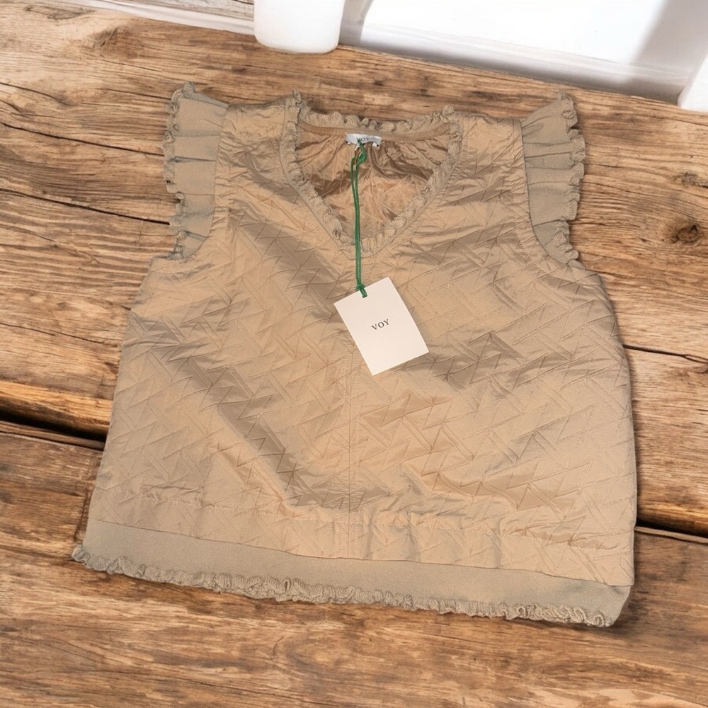 VOY ELASTIC BANDED RUFFLE VEST TOP (Color: Taupe) - Picture 3 of 5